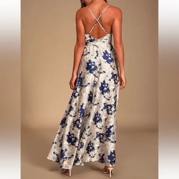Tea Gardens Navy Blue Floral Print Satin Lulus Maxi Dres - Picture 5 of 6